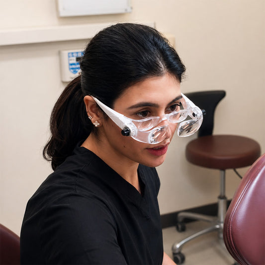 Person wearing clear safety goggles in a medical or dental office setting.