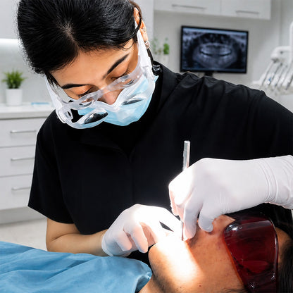 Dental procedure being performed in a clinical setting with dental tools and equipment.