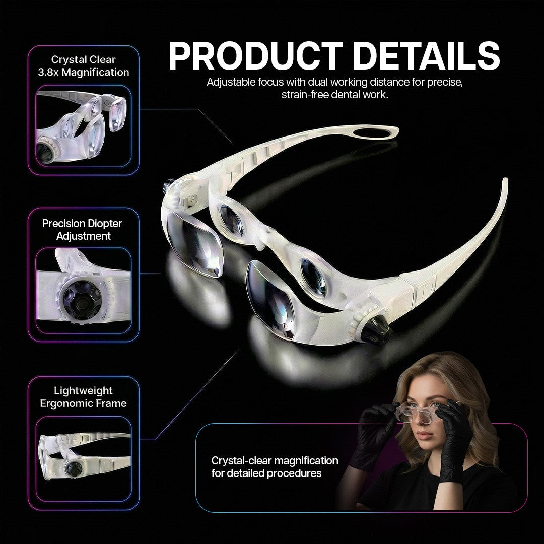 Dental magnifying glasses with product details on a black background
