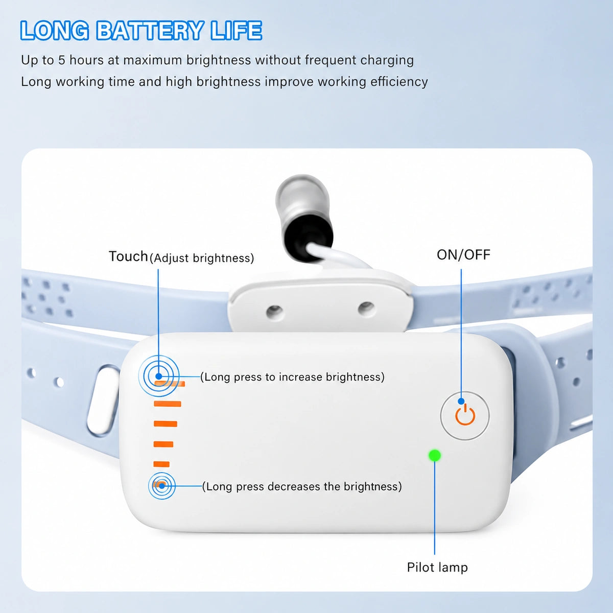 Portable dental headlamp battery and brightness touch controls close-up.