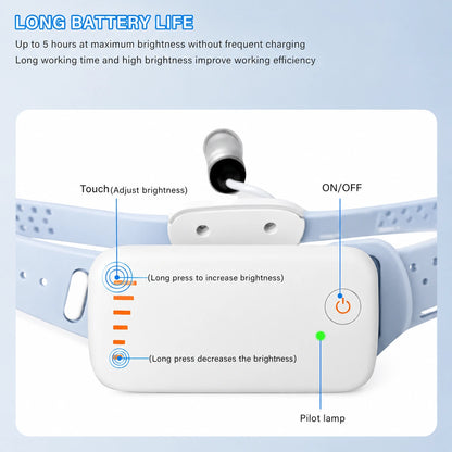 Portable dental headlamp battery and brightness touch controls close-up.