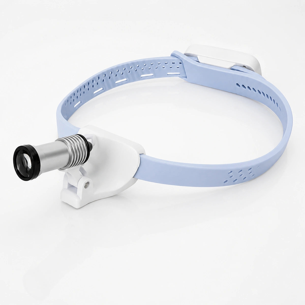 Portable dental LED headlamp with adjustable silicone headband for dentists.