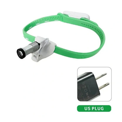 Portable dental LED headlamp in green with US plug charger.