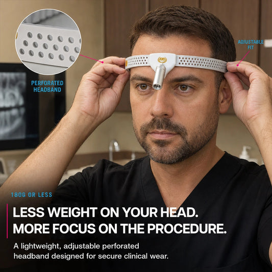 dentist adjusting the perforated headband of a cordless dental headlamp