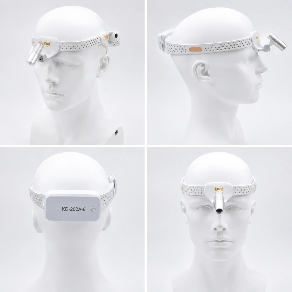 ProDental cordless dental headlamp shown from four angles on a mannequin head.