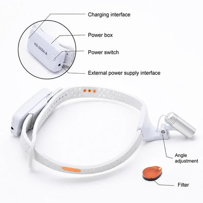 ProDental cordless dental headlamp labeled parts with charging port and filter.