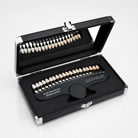 R-20 bleaching shade guide open showing 20 porcelain shade tabs in aluminum case