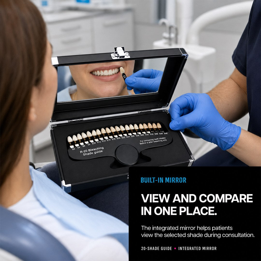 dentist using whitening shade guide with built-in mirror during patient consultation