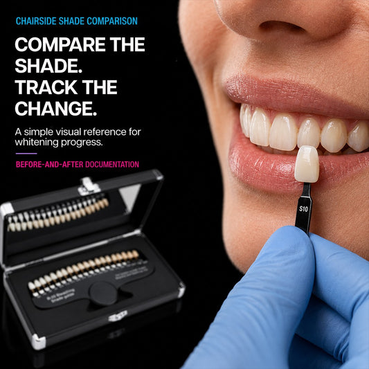shade tab held next to patient teeth for whitening shade comparison