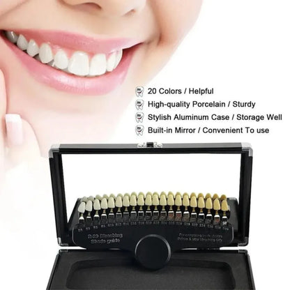R-20 shade guide held against teeth for before and after whitening comparison