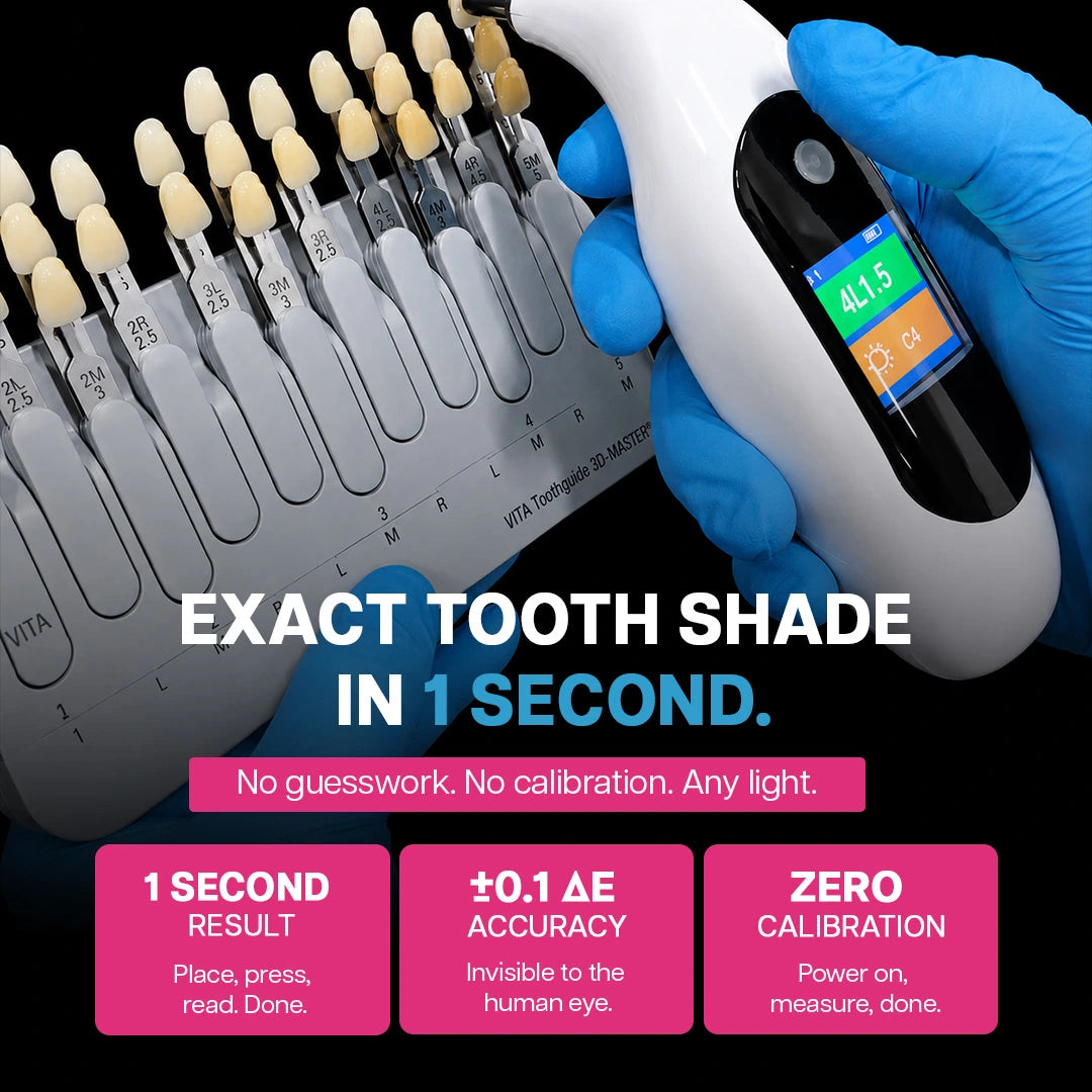 digital shade matching device showing a reading next to a shade guide