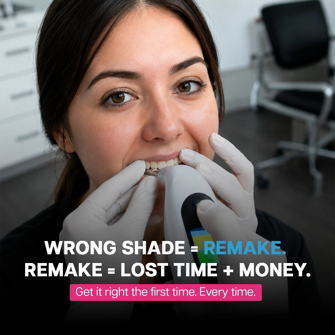 dentist using the digital shade matching device on a patient's front teeth