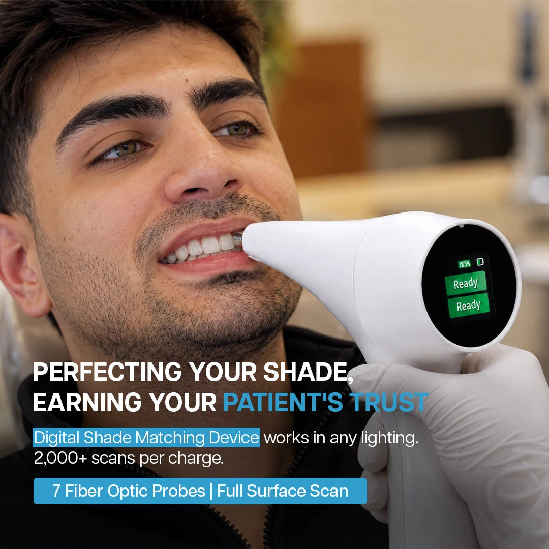 digital shade matching device scanning patient tooth with fiber optic probes