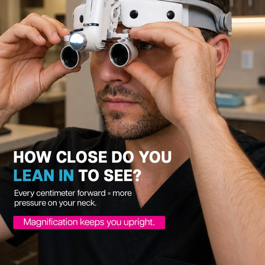 dentist adjusting white headband surgical loupes with a built-in light