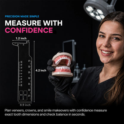 Dental tooth measuring gauge dimensions with dentist holding a dental model.