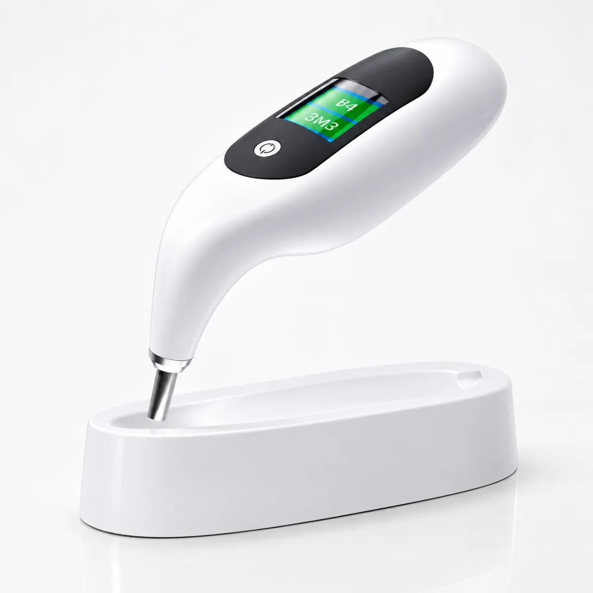 Digital tooth shade analyzer showing VITA reading on charging dock