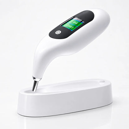 Digital tooth shade analyzer showing VITA reading on charging dock