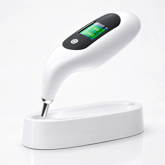 Digital tooth shade analyzer showing VITA reading on charging dock