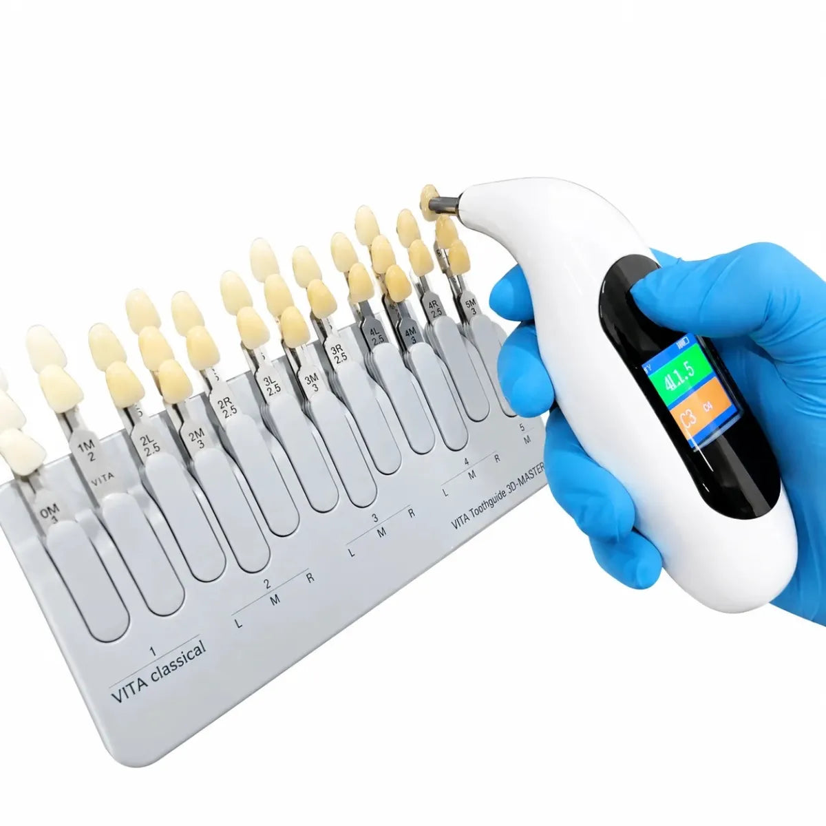 Tooth shade analyzer scanning a VITA 3D Master shade tab