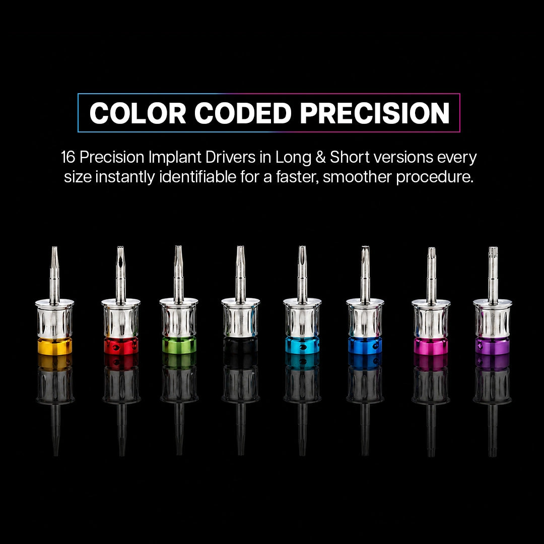 color-coded implant drivers in long and short versions for dental procedures