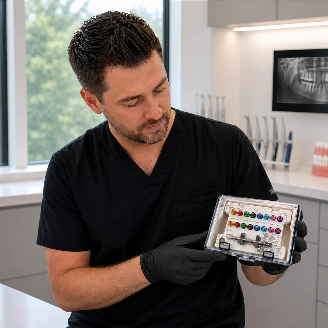 dentist inspecting universal implant driver kit in dental clinic