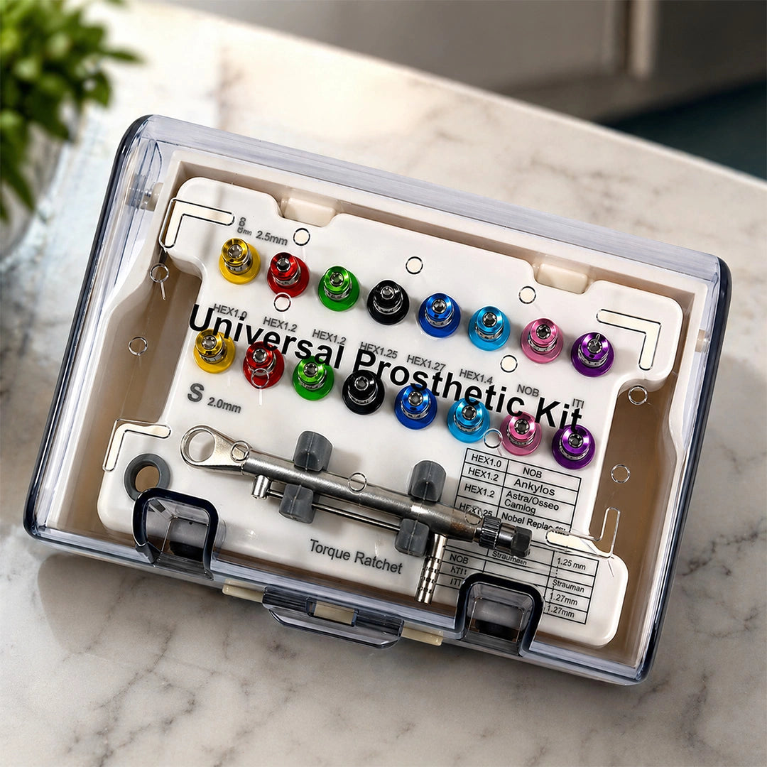 dentist holding implant driver kit in clinic