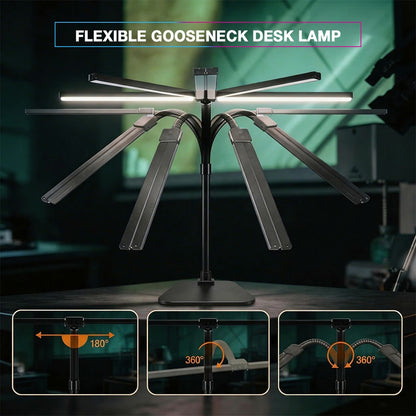 Flexible gooseneck desk lamp with adjustable arm on a blurred office background