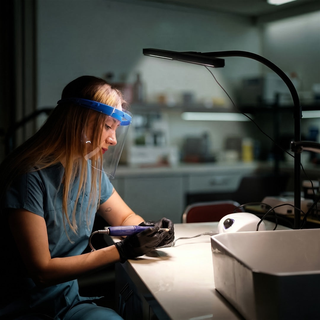 Person wearing a face shield and gloves working at a desk with a lamp in a dimly lit room.