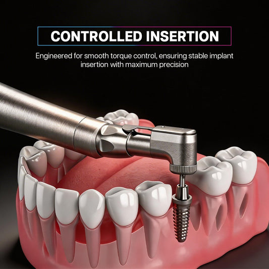Dental implant insertion tool on a model of teeth with text about controlled insertion.