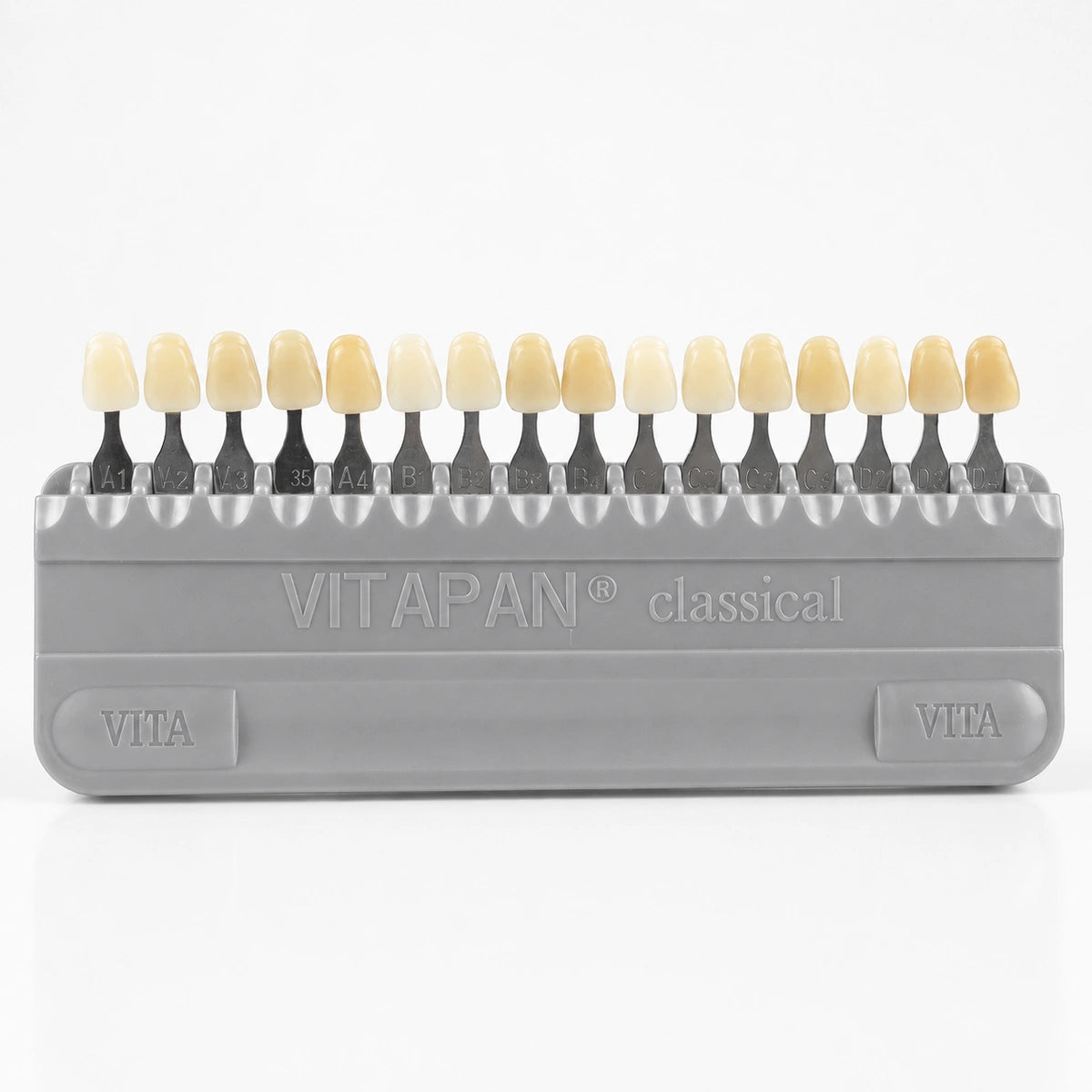 VITA Classical shade guide with 16 tooth shades A1 to D4 for dental shade matching.