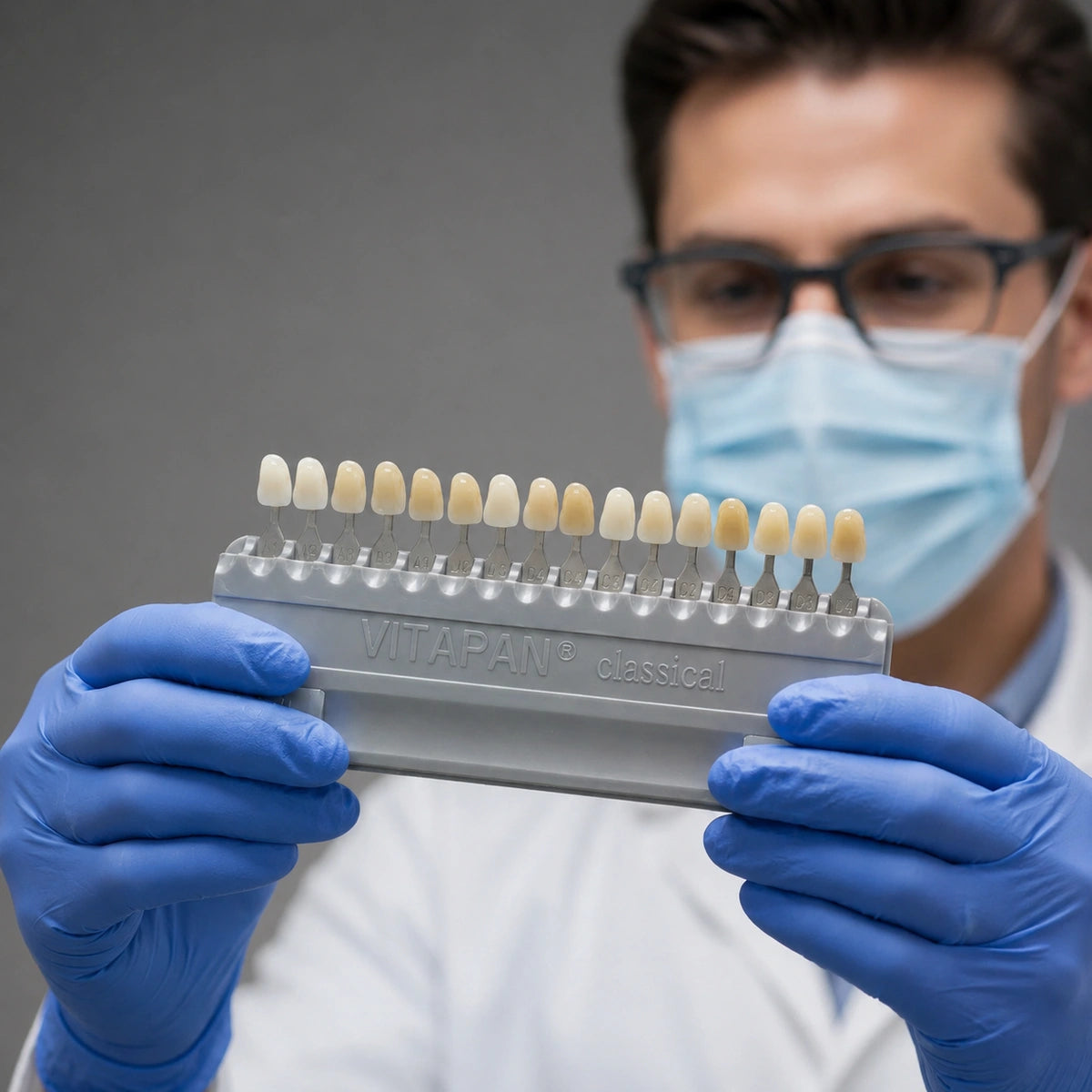 Dentist holding VITA Classical shade guide with 16 tooth shade tabs.