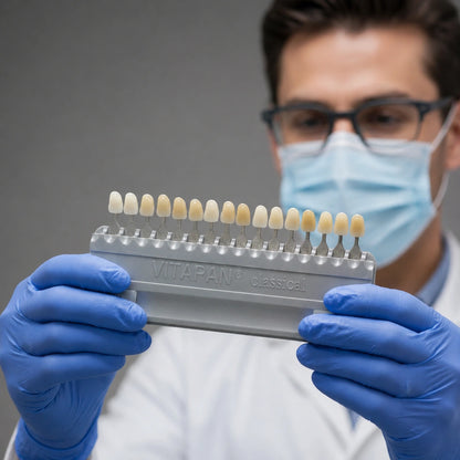 Dentist holding VITA Classical shade guide with 16 tooth shade tabs.