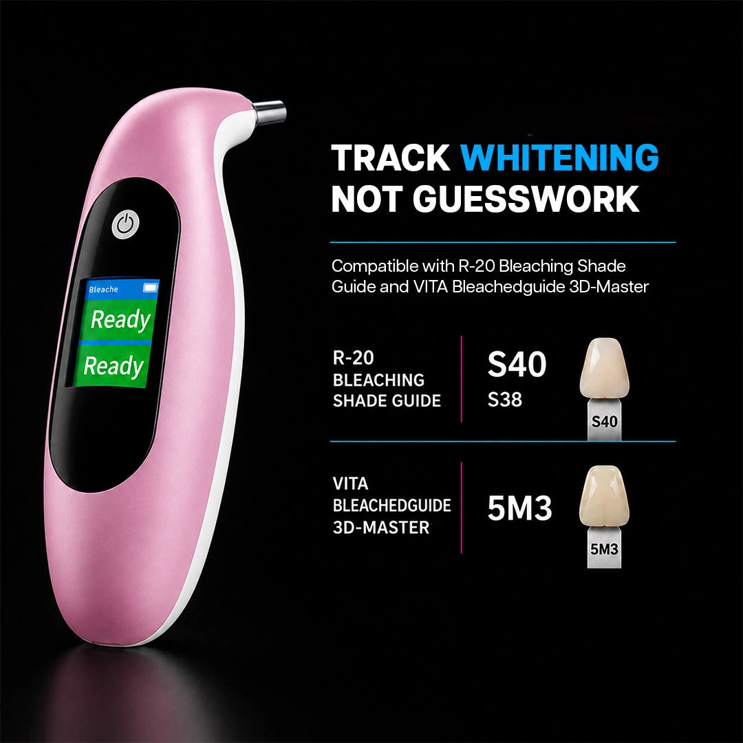 pink whitening shade device shown with R-20 and VITA bleaching shade guide readings